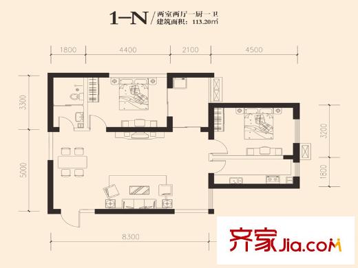 東岸陽光1-N戶型 2室2廳1衛(wèi)1廚