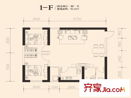 東岸陽光1-F戶型 2室2廳1衛(wèi)1廚