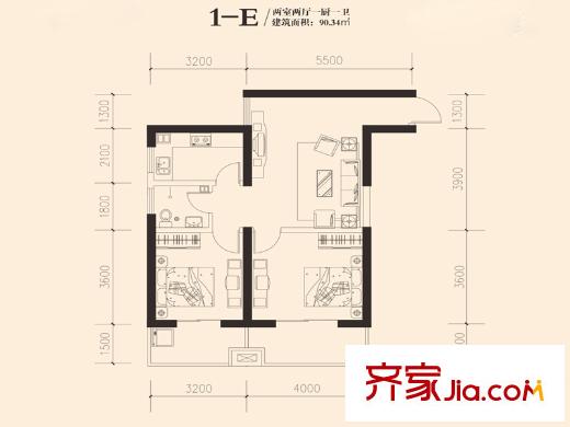 東岸陽光1-E戶型 2室2廳1衛(wèi)1廚