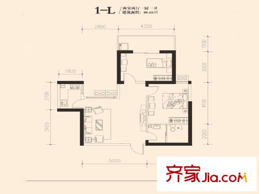 東岸陽光1-L戶型 2室2廳1衛(wèi)1廚