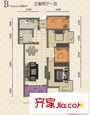 上上城戶型圖B戶型圖 3室2廳1衛(wèi)1廚