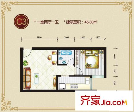 藍(lán)山公館戶型圖C3戶型 1室2廳1衛(wèi)1廚