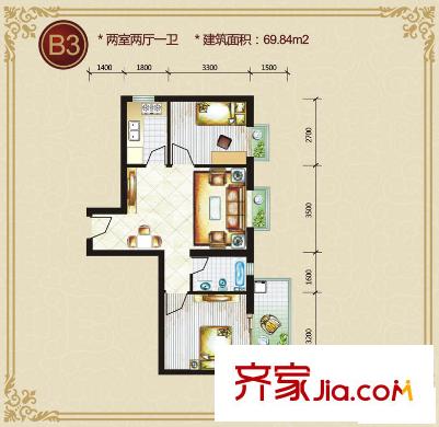 藍(lán)山公館戶型圖B3戶型 2室2廳1衛(wèi)1廚