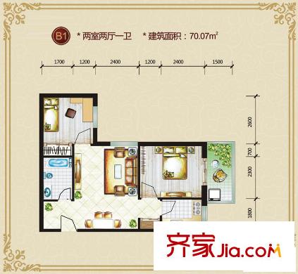 藍(lán)山公館戶型圖B1戶型 2室2廳1衛(wèi)1廚