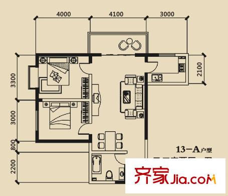 長樂坊13號樓A戶型 2室2廳1衛(wèi)1廚