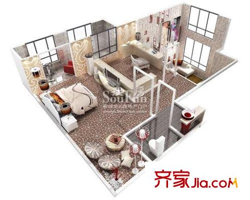橡樹(shù)街區(qū)戶型圖D戶型loft 1室2廳2衛(wèi)1廚