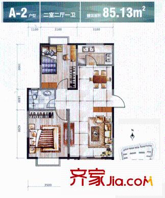 怡水花園A2戶型 2室2廳1衛(wèi)1廚