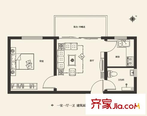 灞業(yè)?大境2號(hào)樓E戶型 1室1廳1衛(wèi)1廚