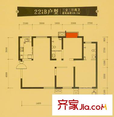 世融嘉城戶型圖22號(hào)樓-B戶型 3室3廳2衛(wèi)2廚