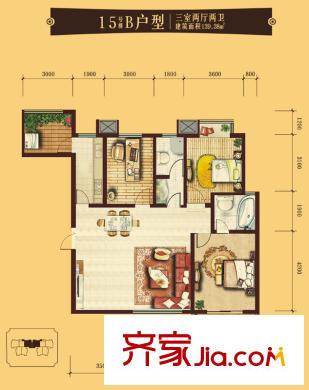 世融嘉城戶型圖15號(hào)樓B戶型標(biāo)準(zhǔn)層 3室2廳2衛(wèi)1廚