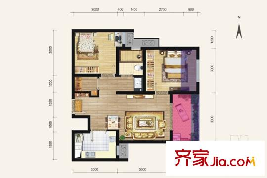 天朗大興郡五期2號樓公寓G戶型 2室2廳1衛(wèi)1廚
