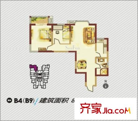 羅曼公社戶型圖B4、B9戶型圖 2室2廳1衛(wèi)1廚
