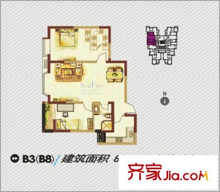 羅曼公社戶型圖B3、B8戶型圖 2室2廳1衛(wèi)1廚