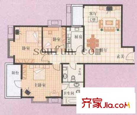 太空花園戶型圖3室2廳2衛(wèi)1廚