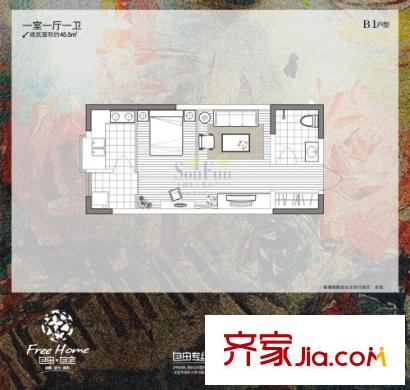 自由自宅戶型圖B1戶型 1室1廳1衛(wèi)1廚