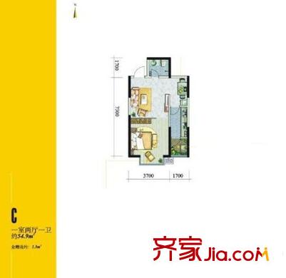翡翠明珠7號樓C 1室2廳1衛(wèi)1廚