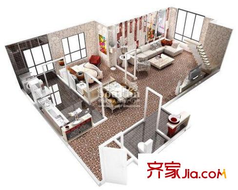 橡樹(shù)街區(qū)戶型圖D戶型loft 1室2廳2衛(wèi)1廚
