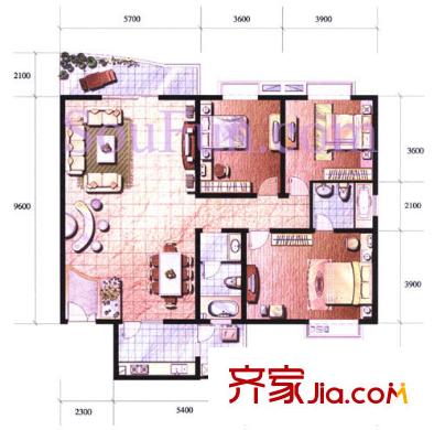 金裕青青家園戶(hù)型圖B戶(hù)型 3室2廳2衛(wèi)1廚