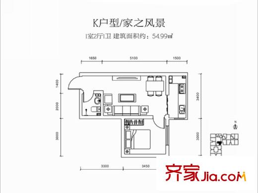 高新大都薈E棟/F棟K戶型 1室2廳1衛(wèi)1廚