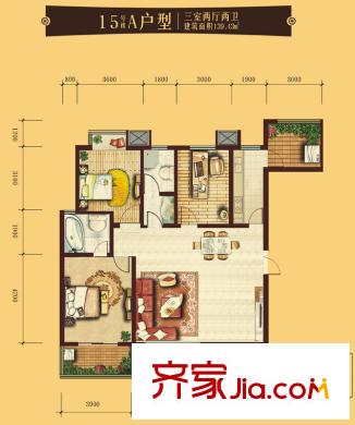 世融嘉城戶型圖15號(hào)樓A戶型標(biāo)準(zhǔn)層 3室2廳2衛(wèi)1廚