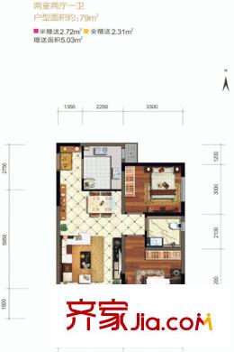 天朗大興郡五期3-10號樓高層戶型 2室2廳1衛(wèi)1廚