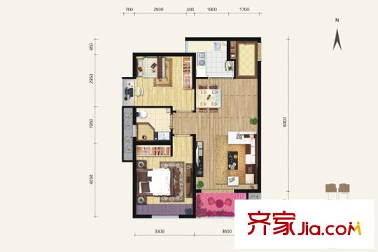 天朗大興郡五期2號樓公寓J戶型 2室2廳1衛(wèi)1廚