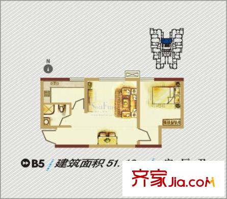 羅曼公社戶型圖B5戶型 1室1廳1衛(wèi)1廚