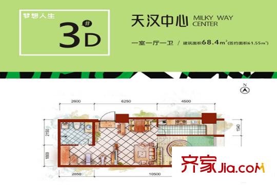 天漢中心3號樓D戶型 1室1廳1衛(wèi)1廚