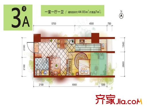 天漢中心3號樓A戶型 1室1廳1衛(wèi)1廚
