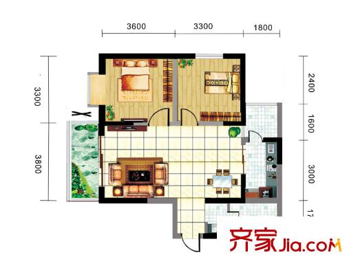 韶雨水韻星城戶型圖2號(hào)樓A戶型 2室2廳1衛(wèi)1廚