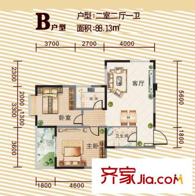 韶雨水韻星城戶型圖B戶型 2室2廳1衛(wèi)1廚