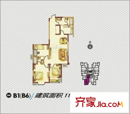 羅曼公社戶型圖B1、B6戶型圖 3室2廳2衛(wèi)1廚
