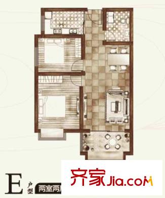 華宇鳳凰城戶型圖二期E戶型 2室2廳1衛(wèi)1廚