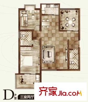 華宇鳳凰城戶型圖二期D戶型 3室2廳2衛(wèi)1廚