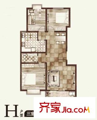 華宇鳳凰城戶型圖二期H戶型 3室2廳1衛(wèi)1廚