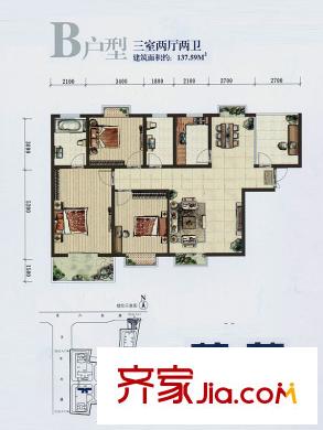 高新領(lǐng)域戶型圖3號(hào)樓B戶型 3室2廳2衛(wèi)1廚
