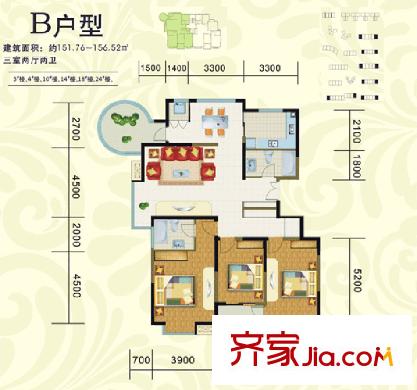 長慶興盛園戶型圖3# 4# 10# 14# 18# 24# B戶型標(biāo)準(zhǔn)層戶型圖 3室2廳2衛(wèi)1廚