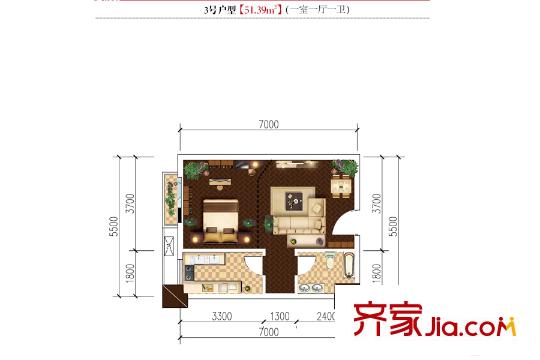 時(shí)豐中央公園DK1-9號(hào)樓 3號(hào)戶型 1室1廳1衛(wèi)1廚