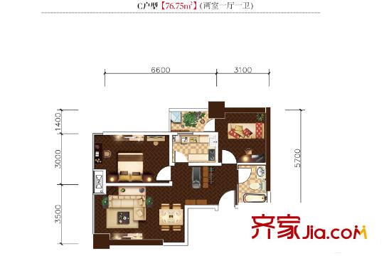 時豐中央公園DK2-1號樓C戶型 2室1廳1衛(wèi)1廚