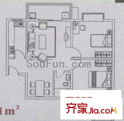 西瑞北國之春戶型圖2室2廳1衛(wèi)1廚