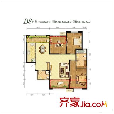 曲江千林郡12、13號樓B8戶型 3室2廳2衛(wèi)1廚