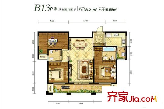 曲江千林郡12號樓B13戶型 3室2廳2衛(wèi)1廚
