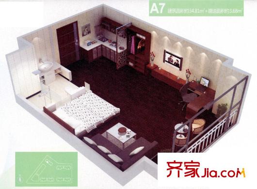 榮禾城市理想戶型圖二期A7戶型圖 1室1衛(wèi)1廚