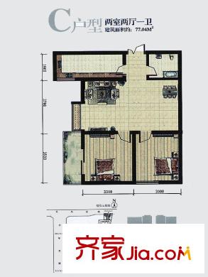 高新領(lǐng)域戶型圖5號(hào)樓C戶型 2室2廳1衛(wèi)1廚