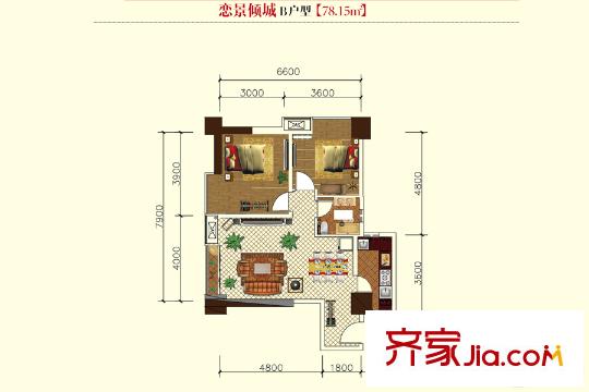 時豐中央公園DK2-1號樓B戶型 2室1廳1衛(wèi)1廚