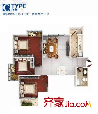 海平方米臺北灣戶型圖1號樓C戶型 2室2廳1衛(wèi)1廚