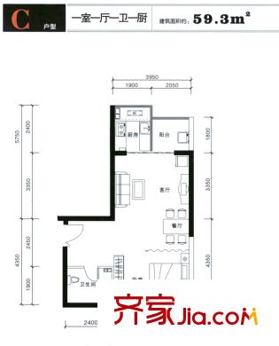 海平方米臺(tái)北灣戶型圖16#樓C戶型標(biāo)準(zhǔn)層戶型圖 1室1廳1衛(wèi)1廚
