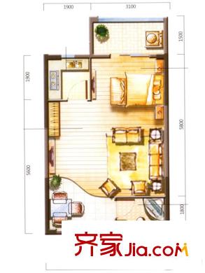 蘭蒂斯城戶型圖三期11/12號(hào)樓D5戶型 1室2廳1衛(wèi)1廚