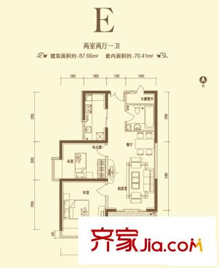 龍城四季戶型圖E戶型 2室2廳1衛(wèi)1廚