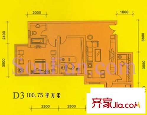 都市朝陽戶型圖D3戶型 2室2廳1衛(wèi)